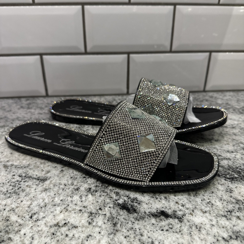 Bianca Slip-On Sandals Lauren Lorraine Women 9.5 Black‎ Open Toe Rhinestones New